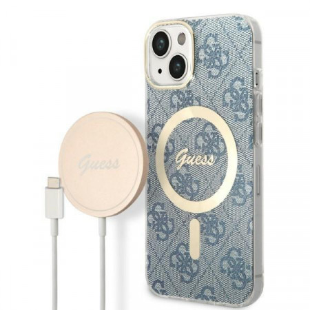 Оригинален комплект GUESS 4G Print (гръб + зарядно) MagSafe GUBPP14MH4EACSB - iPhone 14 Plus син