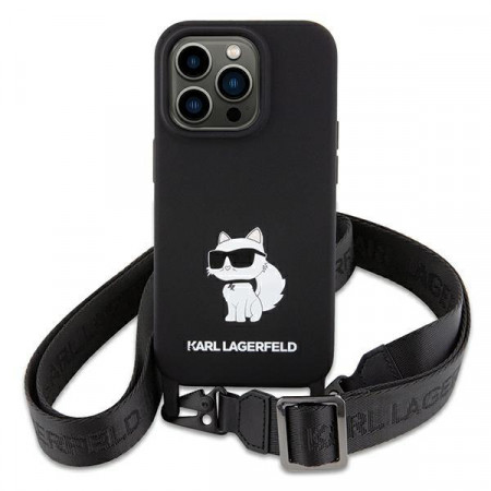 Оригинален твърд гръб с презрамка KARL LAGERFELD Silicone Choupette KLHCP15SSCBSCNK - iPhone 15 черен