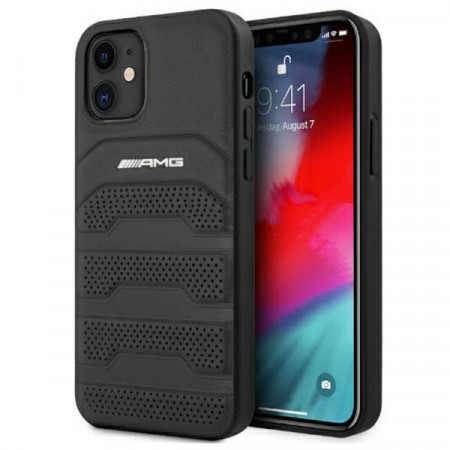 Оригинален твърд гръб AMG Leather Debossed Lines AMHCP12SGSEBK - iPhone 12 mini черен - Img 1