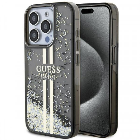 Оригинален твърд гръб GUESS Liquid Glitter Gold Stripes - iPhone 15 Pro Max черен