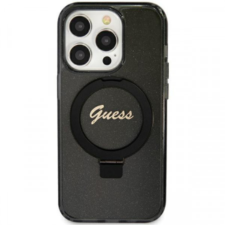 Оригинален твърд гръб GUESS Ring Stand Script Glitter MagSafe - iPhone 12 / 12 pro черен