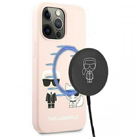 Оригинален твърд гръб KARL LAGERFELD Silicone Ikonik Karl & Choupette KLHMP13LSSKCI MagSafe - iPhone 13 Pro светлорозов