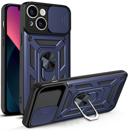 Подсилен гръб Hybrid Armor Camshield с подвижно покритие за камерата и стойка - iPhone 13 син