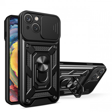 Подсилен гръб Hybrid Armor Camshield с подвижно покритие за камерата и стойка - iPhone 15 Plus черен