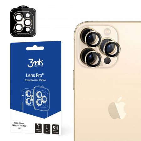 Стъклен протектор за камера с алуминиева рамка и рамка за поставяне 9H 3mk Lens Protection Pro - iPhone 14 Pro Max / 14 Pro златист