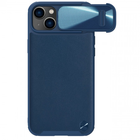 Гръб от естествена кожа с подвижно покритие за камерата NILLKIN CamShield Leather S - iPhone 14 Plus син