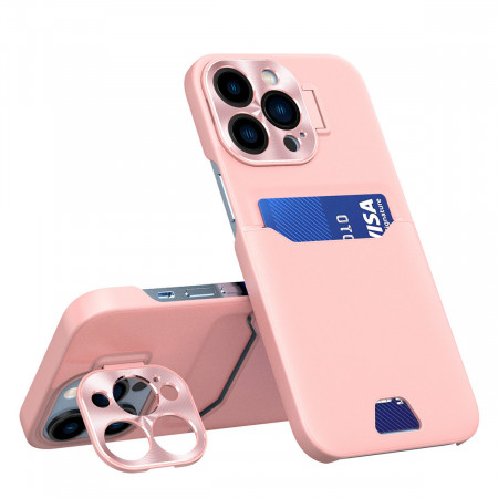Гръб със стойка и джоб за карти Leather Stand - iPhone 14 Pro Max розов