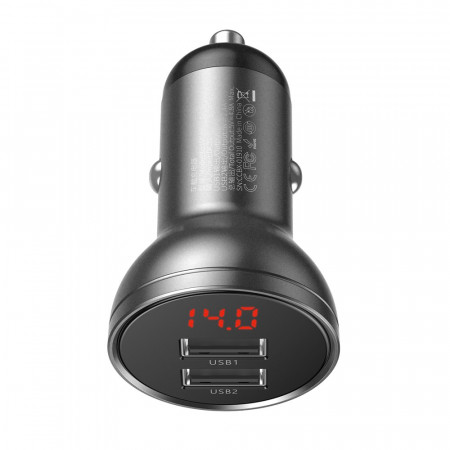 Зарядно за кола BASEUS 24W 4.8A 2x USB Type A с LCD дисплей (CCBX-0G) сиво