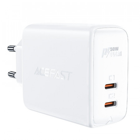 Зарядно за стена ACEFAST GaN 50W 2x USB Type C PD QC3.0 AFC FCP (A29) бяло