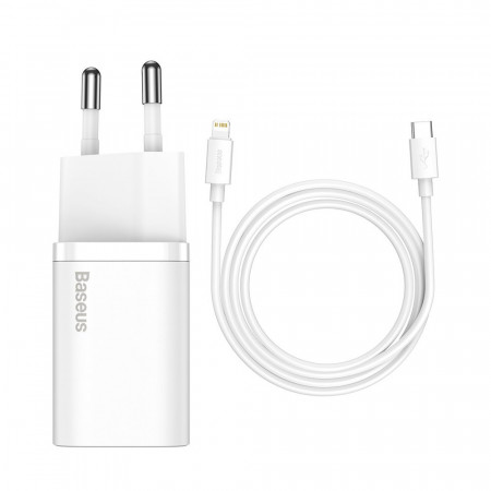 Зарядно за стена BASEUS Super Si 1C 20W USB Type C PD + кабел USB Type C към Lightning 1m (TZCCSUP-B02) бяло
