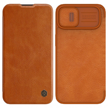 Калъф тип книга от еко кожа с подвижно покритие за камерата NILLKIN Qin Leather Pro - iPhone 14 Plus кафяв