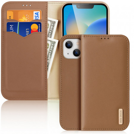 Калъф тип книга от естествена кожа DUX DUCIS Hivo със система против кражба - iPhone 14 Plus кафяв