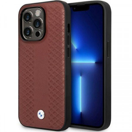 Оригинален гръб от еко кожа BMW Leather Diamond BMHCP14L22RFGR - iPhone 14 Pro бургундско червен