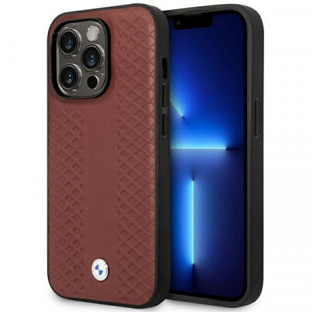 Оригинален гръб от еко кожа BMW Leather Diamond MagSafe BMHMP14L22RFGR - iPhone 14 Pro бургундско червен
