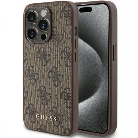 Оригинален гръб GUESS 4G Metal Gold Logo - iPhone 15 Pro кафяв