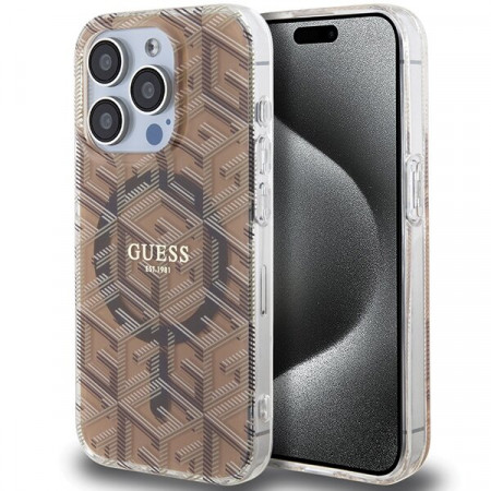 Оригинален гръб GUESS IML GCube MagSafe - iPhone 15 Pro кафяв