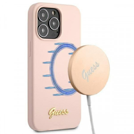 Оригинален гръб GUESS Silicone Script Gold Logo GUHMP13LLSLMGLP MagSafe - iPhone 13 Pro светлорозов