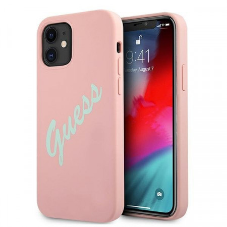 Оригинален гръб GUESS Silicone Vintage Script GUHCP12SLSVSPG - iPhone 12 mini розов