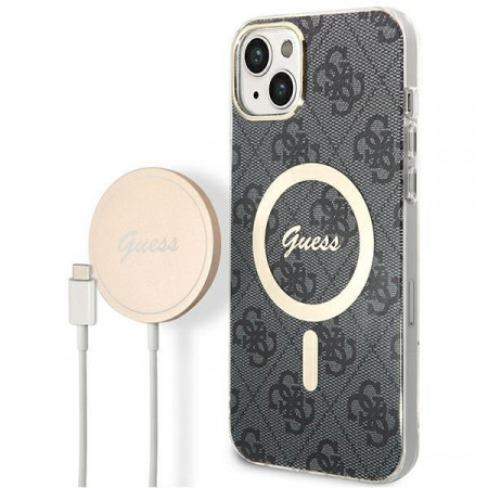 Оригинален комплект GUESS 4G Print (гръб + зарядно) MagSafe GUBPP14MH4EACSK - iPhone 14 Plus черен