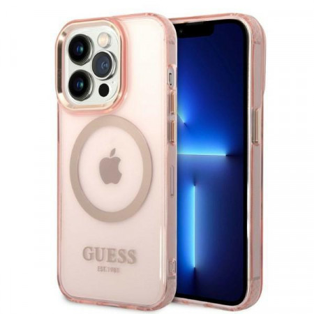Оригинален полупрозрачен твърд гръб GUESS Gold Outline MagSafe GUHMP14LHTCMP - iPhone 14 Pro розов