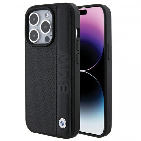 Оригинален твърд гръб от еко кожа BMW Leather Textured &amp; Stripe - iPhone 15 Pro черен - Img 1