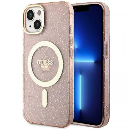 Оригинален твърд гръб GUESS Glitter Gold MagSafe GUHMP14MHCMCGP - iPhone 14 Plus розов
