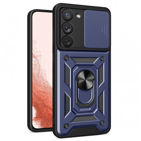 Подсилен гръб Hybrid Armor Camshield с подвижно покритие за камерата и стойка - Samsung Galaxy S23+ син