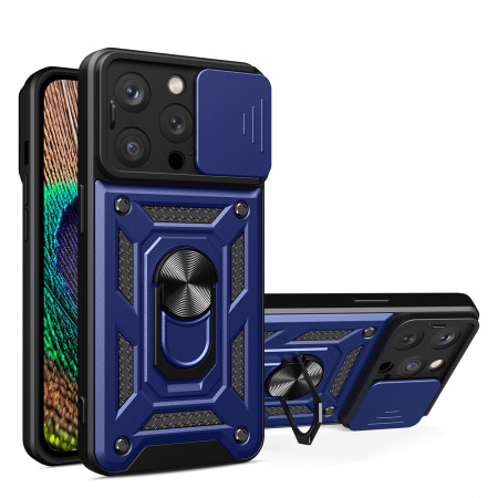 Подсилен гръб Hybrid Armor Camshield с подвижно покритие за камерата и стойка - iPhone 14 Pro Max син