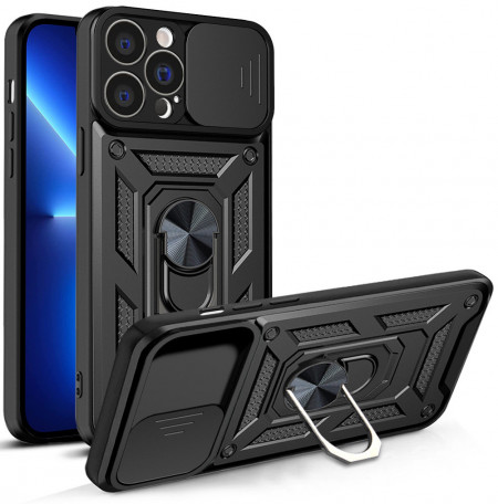 Подсилен гръб Hybrid Armor Camshield с подвижно покритие за камерата и стойка - iPhone 13 Pro Max черен