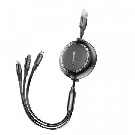 Прибиращ се кабел за зареждане и данни BASEUS Golden Loop 3in1 USB кабел Type A към micro USB / Lightning / USB Type C 3.5A 35cm-10.2m черен (CAMLT-JH01)