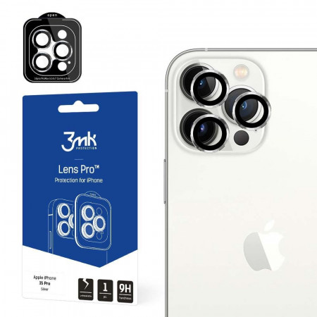 Стъклен протектор за камера с алуминиева рамка и рамка за поставяне 3mk Lens Protection Pro - iPhone 15 Pro със сребриста рамка