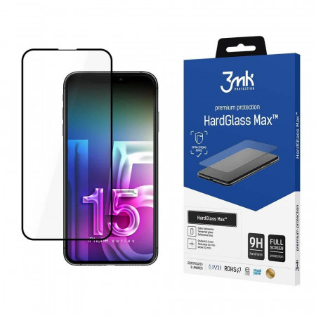Стъклен протектор с пълно покритие 3mk Hard Glass Max - iPhone 15 с черна рамка