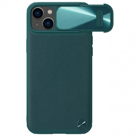 Гръб от естествена кожа с подвижно покритие за камерата NILLKIN CamShield Leather S - iPhone 14 Plus зелен