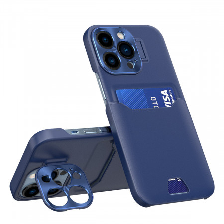 Гръб със стойка и джоб за карти Leather Stand - iPhone 14 Pro Max син