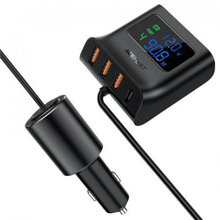 Зарядно за кола ACEFAST 90W 3x USB Type A / USB Type C / вход за запалка PPS PD 3.0 QC 3.0 AFC FCP с дисплей (B8) черно