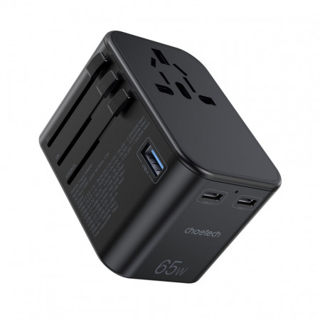 Зарядно за стена (2в1 UK и EU стандарт) CHOETECH GaN 65W USB Type A / 2x USB Type C PD (PD5009-BK) черно
