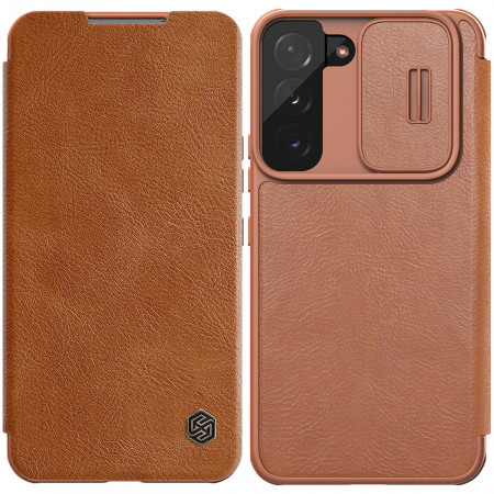 Калъф тип книга от еко кожа с подвижно покритие за камерата NILLKIN Qin Leather Pro - Samsung Galaxy S22 кафяв
