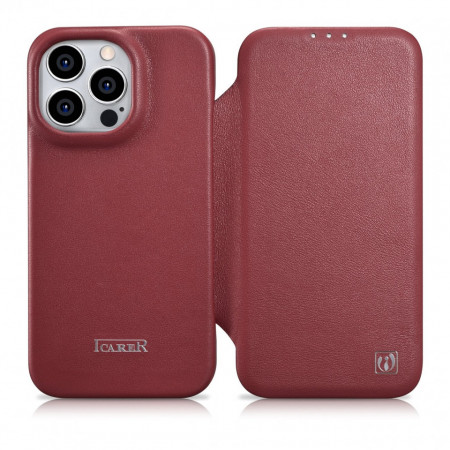 Калъф тип книга от естествена кожа iCARER CE Oil Wax Premium MagSafe - iPhone 14 Pro Max червен