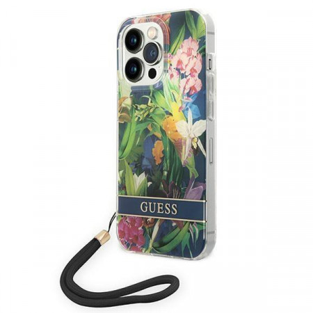 Оригинален гръб с връзка GUESS Flower GUOHCP14LHFLSB - iPhone 14 Pro син - Img 1