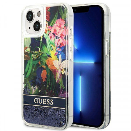 Оригинален гръб GUESS Flower Liquid Glitter GUHCP14MLFLSB - iPhone 14 Plus син