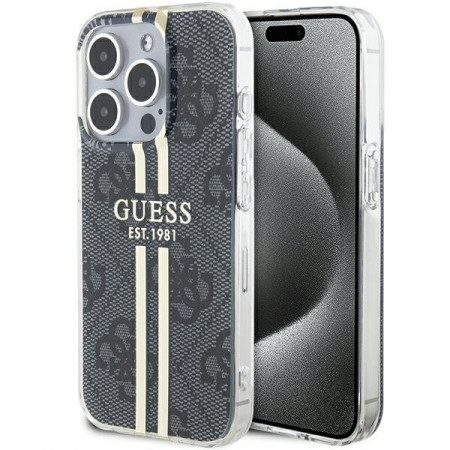 Оригинален гръб GUESS IML 4G Gold Stripe - iPhone 15 Pro черен