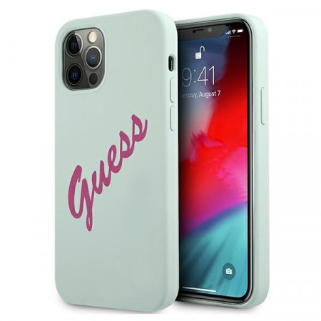 Оригинален гръб GUESS Silicone Vintage Script GUHCP12MLSVSBF - iPhone 12 / 12 Pro син