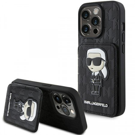 Оригинален гръб KARL LAGERFELD Saffiano Cardslots and Stand Monogram Ikonik Patch - iPhone 15 Pro Max черен