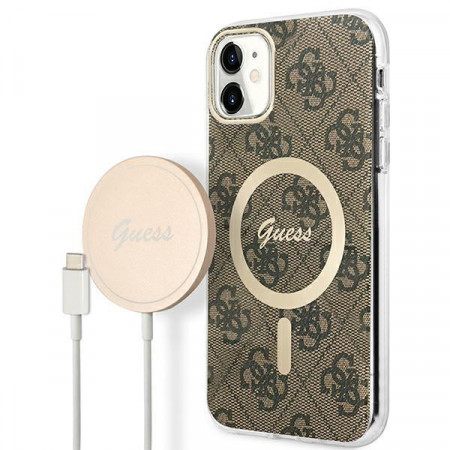 Оригинален комплект GUESS 4G Print (гръб + зарядно) MagSafe GUBPN61H4EACSW - iPhone 11 кафяв
