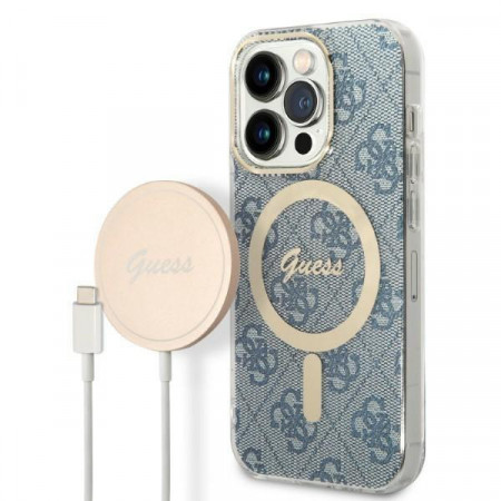 Оригинален комплект GUESS 4G Print (гръб + зарядно) MagSafe GUBPP14LH4EACSB - iPhone 14 Pro син