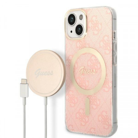 Оригинален комплект GUESS 4G Print (гръб + зарядно) MagSafe GUBPP14MH4EACSP - iPhone 14 Plus розов