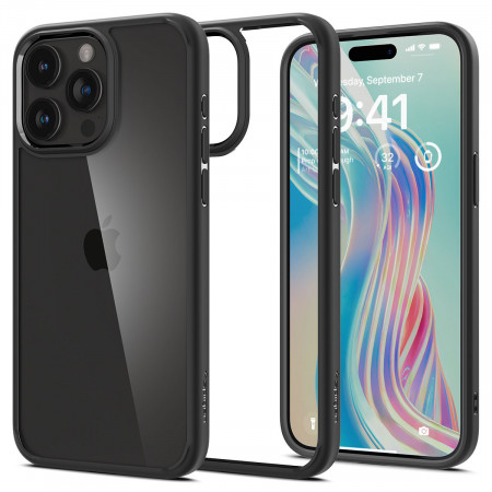 Оригинален прозрачен гръб с цветна рамка SPIGEN Crystal Hybrid - iPhone 15 Pro черен мат