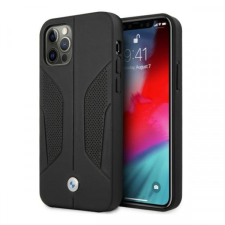 Оригинален твърд гръб от естествена кожа BMW Leather Perforate Sides BMHCP12LRSCSK - iPhone 12 Pro Max черен