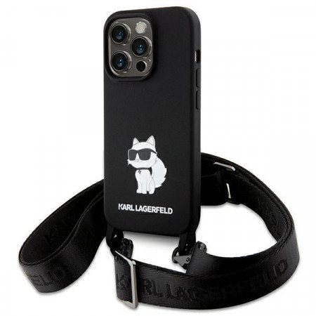Оригинален твърд гръб с презрамка KARL LAGERFELD Silicone Choupette KLHCP15XSCBSCNK - iPhone 15 Pro Max черен