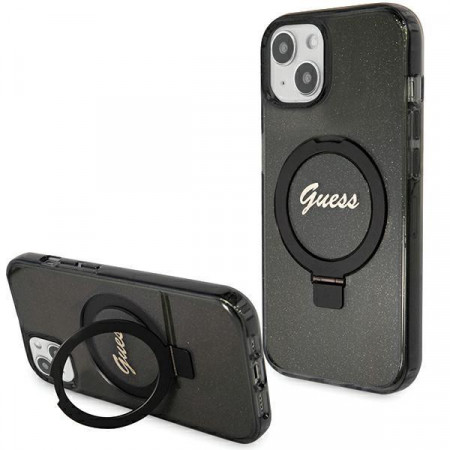 Оригинален твърд гръб GUESS Ring Stand Script Glitter MagSafe - iPhone 13 / 14 / 15 черен